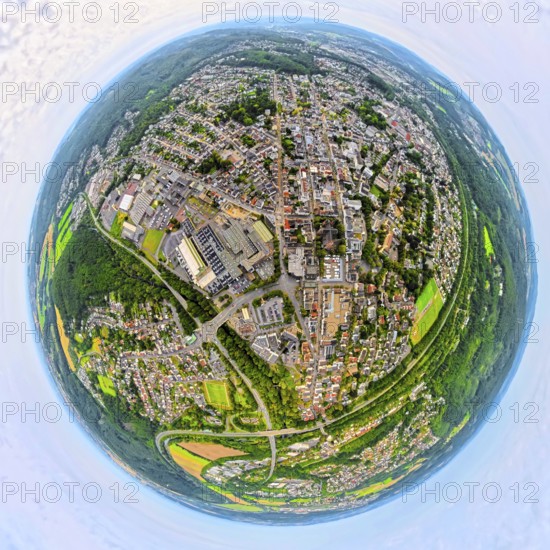 Aerial view, residential area city centre view Neheim City East, earth globe, fisheye image, 360 degree image, tiny world, little planet, fisheye image, Neheim, Arnsberg, Sauerland, North Rhine-Westphalia, Germany, Old Town, City, DE, Europe, fisheye lens, fisheye lens, city centre view, aerial view, aerial photography, aerial photography, location view, Ruhr area, townscape, city centre, city centre, super wide angle lens, overview, bird's eye view, birds-eyes view, fisheye lens, insta360 camera, overview