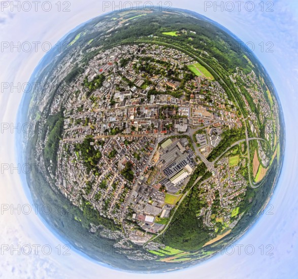 Aerial view, residential area, Neheim city centre, earth globe, fisheye image, 360 degree image, tiny world, little planet, fisheye image, Neheim, Arnsberg, Sauerland, North Rhine-Westphalia, Germany, old town, city, DE, Europe, fisheye lens, fisheye lens, city centre view, aerial view, aerial photography, aerial photography, location view, Ruhr area, townscape, city centre, city centre, super wide angle lens, overview, bird's eye view, birds-eyes view, fisheye lens, insta360 camera, overview