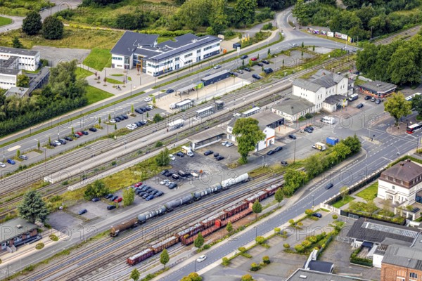 Aerial view, Neheim-Hüsten station, station and marshalling yard, Hüsten, Arnsberg, Ruhr area, North Rhine-Westphalia, Germany, railway area, station, station forecourt, platform, DE, Deutsche Bahn AG, Europe, track systems, tracks, aerial view, aerial photography, aerial photography, overview, bird's-eye view, overview