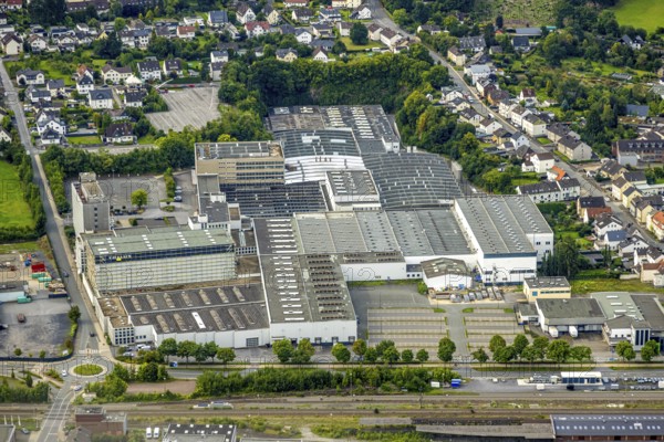 Aerial photo, Trilux GmbH factory lighting manufacturer, Hüsten, Arnsberg, Ruhr area, North Rhine-Westphalia, Germany, DE, Europe, commercial enterprises, commercial area, commercial property, commercial location, commercial use, industrial area, industrial location, aerial photograph, aerial photography, aerial photography, overview, bird's-eye view, birds-eyes view, overview