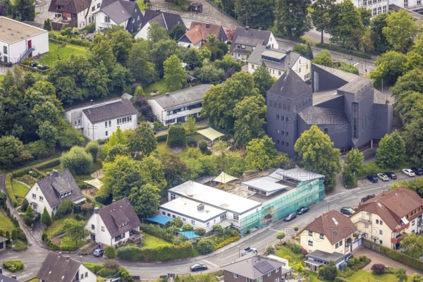 Aerial view, Holy Cross Church, Holy Cross Family Centre construction site renovation, Obereimer, Arnsberg, Ruhr area, North Rhine-Westphalia, Germany, place of worship, construction work, construction area, building site, building plots, construction project, construction site, DE, Europe, religious community, place of worship, holy place, church, parish, denomination, aerial view, aerial photography, aerial photography, religion, religious site, overview, bird's-eye view, overview