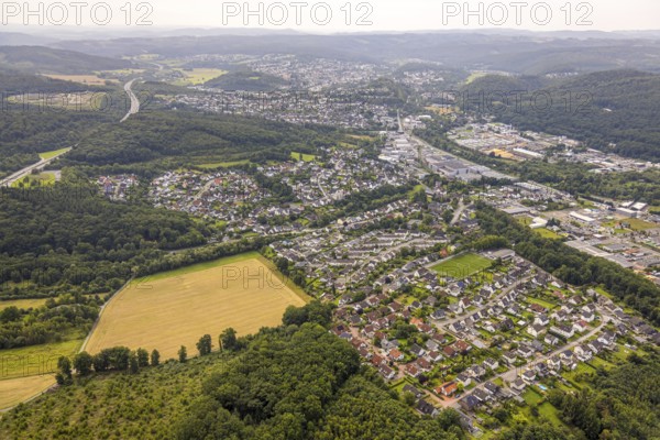Aerial view, residential area, local view of Niedereimer district with wooded area and distant view, Niedereimer, Arnsberg, Ruhr area, North Rhine-Westphalia, Germany, DE, Europe, property tax, real estate, aerial view, aerial photography, aerial photography, overview, bird's-eye view, residential area, residential area, residential quality, residential neighbourhood, residential estate, residential district, birds-eyes view, overview
