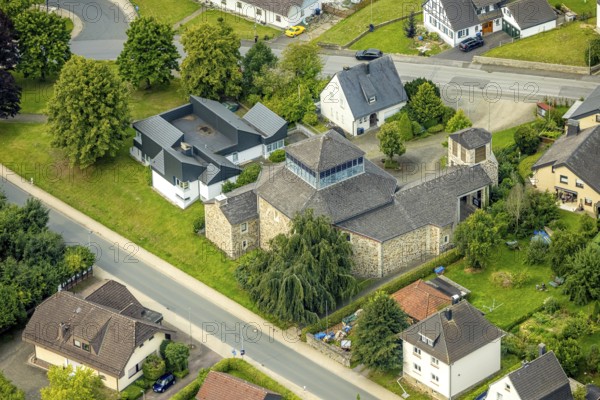 Aerial view, Catholic parish church of St. Stephanus, Wannestraße, Niedereimer, Arnsberg, Ruhr area, North Rhine-Westphalia, Germany, place of worship, DE, Europe, religious community, place of worship, holy place, church, parish, denomination, aerial photograph, aerial photography, aerial photography, religion, religious site, overview, bird's-eye view, birds-eyes view, overview