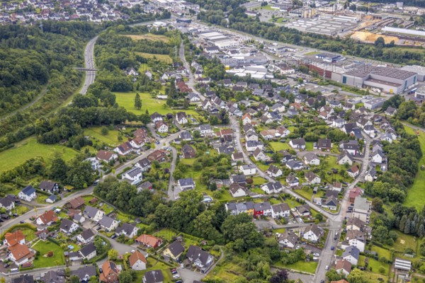 Aerial view, residential area, view of Niedereimer district with wooded area, Niedereimer, Arnsberg, Ruhr area, North Rhine-Westphalia, Germany, DE, Europe, property tax, real estate, aerial view, aerial photography, aerial photography, overview, bird's-eye view, residential complex, housing and living, residential area, residential quality, residential neighbourhood, housing estate, residential area, birds-eyes view, overview