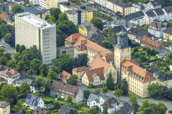 Aerial view, district government Arnsberg, new government Arnsberg and high-rise building, Arnsberg, Ruhr area, North Rhine-Westphalia, Germany, authority, DE, Europe, aerial view, aerial photography, aerial photography, overview, bird's-eye view, overview