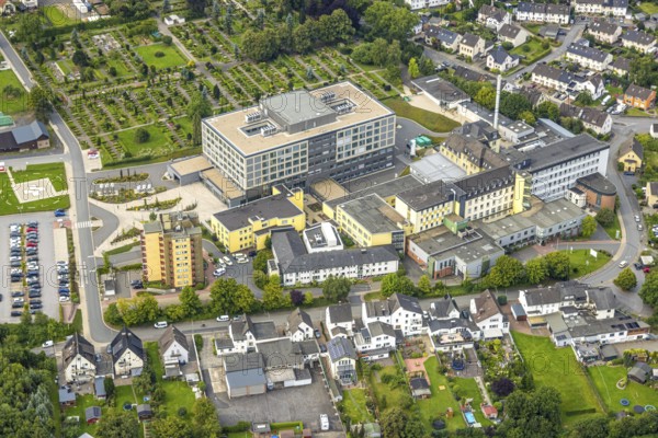 Aerial view, Alexianer Klinikum Hochsauerland - Karolinen-Hospital Hüsten, Kath. cemetery St. Petri, Hüsten, Arnsberg, Ruhr area, North Rhine-Westphalia, Germany, burial site, DE, Europe, cemetery, memorial, health care, cemetery, graves, cemetery, hospital, clinic, clinic, hospital, hospital, aerial photograph, aerial photography, aerial photography, medical facility, medical aid, resting place, overview, bird's eye view, birds-eyes view, overview, medical care