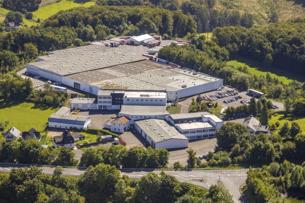 Aerial view, commercial area Alte Dorfstraße with Josef Heuel GmbH Logistik, Germinghausen, Drolshagen, Sauerland, North Rhine-Westphalia, Germany, DE, Europe, commercial enterprises, commercial area, commercial property, commercial site, commercial use, industrial area, industrial site, aerial photograph, aerial photography, aerial photography, aerial photography, Ruhr area, overview, bird's-eye view, birds-eyes view, overview