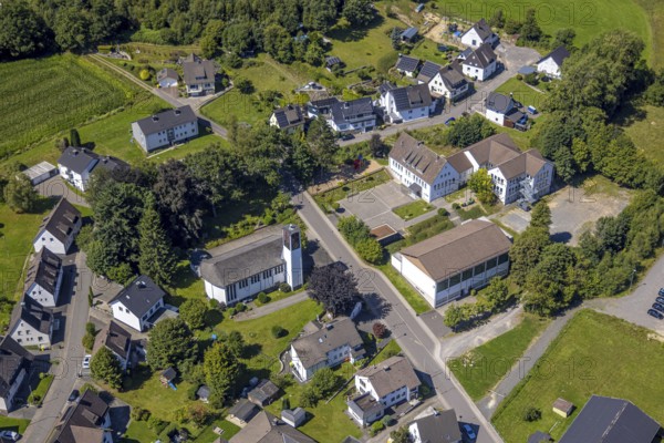 Aerial view, Church of the Nativity of Mary and Hützemert Primary School, Hützemert, Drolshagen, Sauerland, North Rhine-Westphalia, Germany, place of worship, education, educational institution, DE, Europe, religious community, place of worship, primary school, holy place, church, parish, denomination, educational institute, aerial view, aerial photography, aerial photography, religion, religious site, Ruhr area, school, overview, bird's-eye view, overview