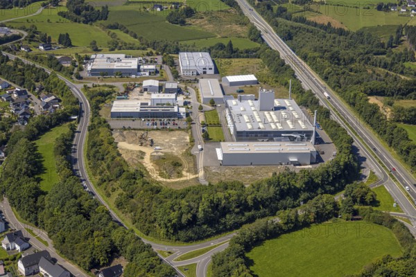 Aerial view, industrial area Buchholz at the motorway A45 and state road L708, hilly landscape, Germinghausen, Drolshagen, Sauerland, North Rhine-Westphalia, Germany, motorway, DE, Europe, aerial view, aerial photography, aerial photography, Ruhr area, road traffic, overview, bird's-eye view, overview