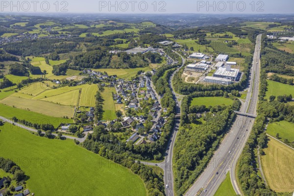 Aerial view, industrial area Buchholz at the motorway A45 and state road L708, hilly landscape, Germinghausen, Drolshagen, Sauerland, North Rhine-Westphalia, Germany, motorway, DE, Europe, aerial view, aerial photography, aerial photography, Ruhr area, road traffic, overview, bird's-eye view, overview
