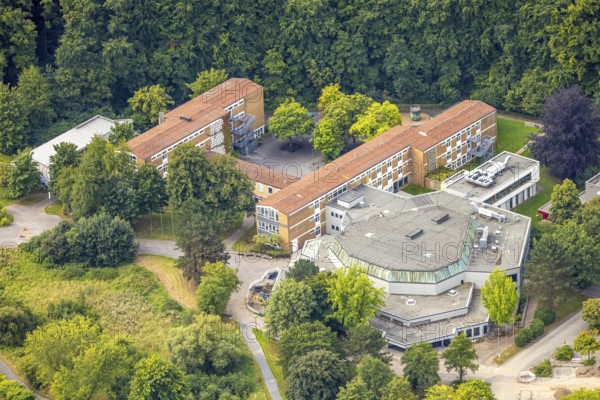 Aerial view, cultural centre Berliner Platz and Franz-Stock-Gymnasium, Hüsten, Arnsberg, Ruhr area, North Rhine-Westphalia, Germany, education, educational institution, DE, Europe, grammar school, educational institute, aerial view, aerial photography, aerial photography, school, overview, bird's-eye view, overview