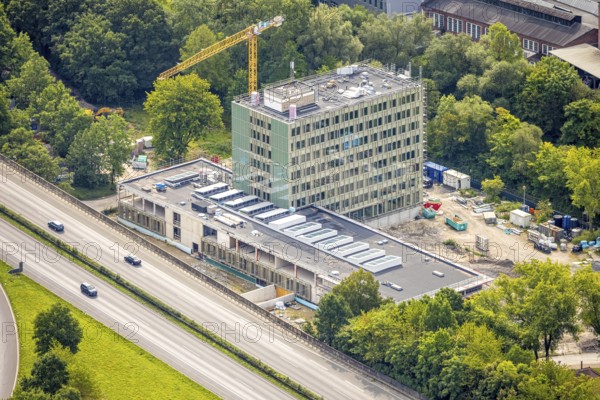 Aerial view, Arnsberg town hall on the A46 motorway, construction site with new building, Neheim, Arnsberg, Ruhr area, North Rhine-Westphalia, Germany, construction work, construction area, building site, building plots, construction project, building site, authority, community centre, DE, Europe, aerial view, aerial photography, aerial photography, new building, town hall, town administration, overview, bird's-eye view, overview