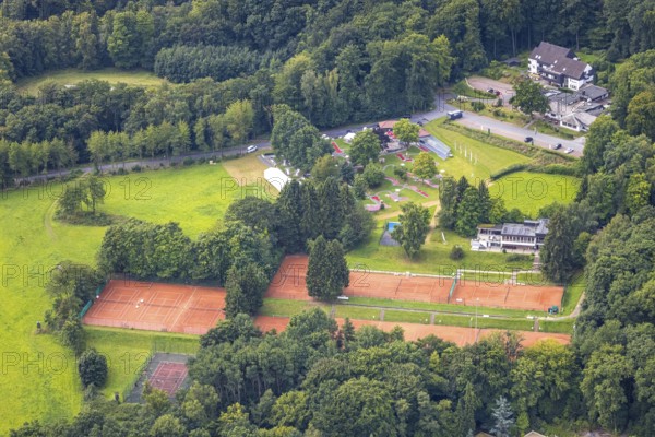 Aerial view, tennis courts TC Tennisclub Neheim-Hüsten und Minigolfanlage MSK Neheim-Hüsten e.V., Neheim, Arnsberg, Ruhr area, North Rhine-Westphalia, Germany, DE, Europe, aerial view, aerial photography, aerial photography, minigolf course, sport, tennis, tennis facility, tennis courts, tennis club, overview, bird's-eye view, overview