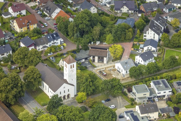 Aerial view, catholic church St. Joseph, Bergheim, Arnsberg, Ruhr area, North Rhine-Westphalia, Germany, place of worship, DE, Europe, religious community, place of worship, holy place, church, parish, denomination, aerial view, aerial photography, aerial photography, religion, religious site, overview, bird's-eye view, overview