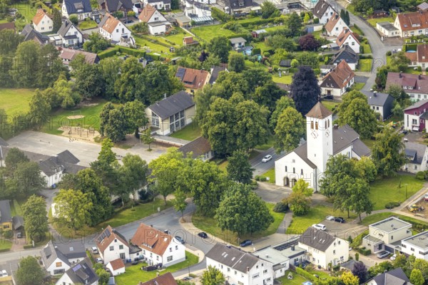 Aerial view, St Joseph's Catholic Church, St Joseph's Catholic Primary School, Bergheim, Bergheim, Arnsberg, Ruhr area, North Rhine-Westphalia, Germany, place of worship, education, educational institution, DE, Europe, religious community, place of worship, primary school, holy place, church, parish, denomination, educational institute, aerial view, aerial photography, aerial photography, religion, religious site, school, overview, bird's eye view, birds-eyes view, overview