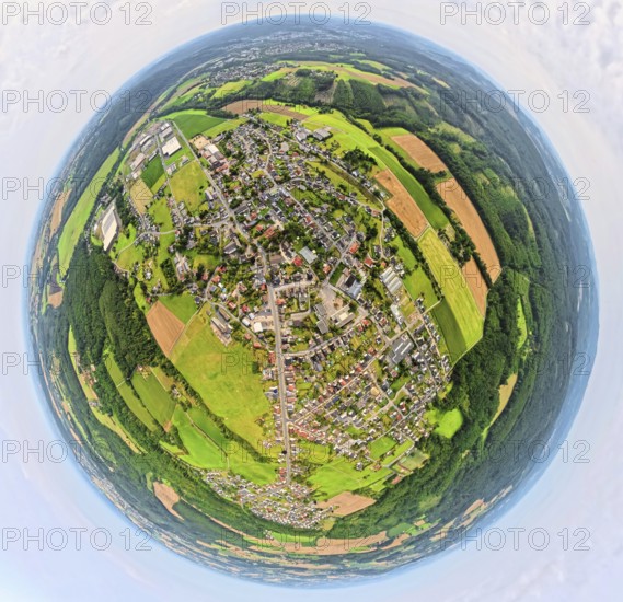 Aerial photo, residential area, local view, district of Vosswinkel, earth globe, fisheye shot, 360 degree shot, tiny world, little planet, fisheye image, Vosswinkel, Arnsberg, Sauerland, North Rhine-Westphalia, Germany, DE, Europe, fisheye lens, fisheye lens, property tax, real estate, aerial photography, aerial photography, aerial photography, Ruhr area, super wide angle lens, overview, bird's eye view, housing estate, housing and living, residential area, quality of living, residential neighbourhood, housing estate, residential area, birds-eyes view, fisheye lens, insta360 camera, overview