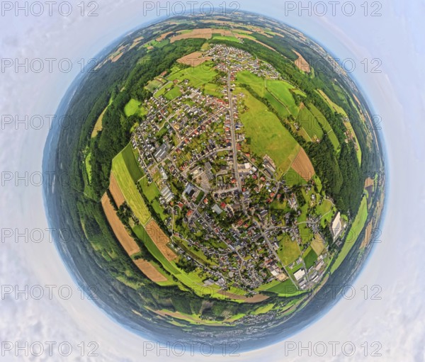 Aerial photo, residential area, local view, district of Vosswinkel, earth globe, fisheye shot, 360 degree shot, tiny world, little planet, fisheye image, Vosswinkel, Arnsberg, Sauerland, North Rhine-Westphalia, Germany, DE, Europe, fisheye lens, fisheye lens, property tax, real estate, aerial photography, aerial photography, aerial photography, Ruhr area, super wide angle lens, overview, bird's eye view, housing estate, housing and living, residential area, quality of living, residential neighbourhood, housing estate, residential area, birds-eyes view, fisheye lens, insta360 camera, overview