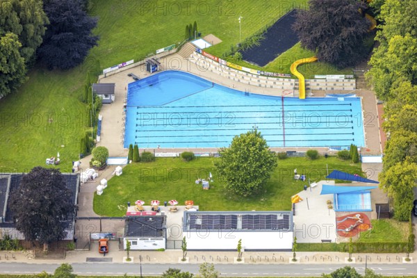 Aerial view, outdoor swimming pool Neheim and bathers on the lawn, Neheim, Arnsberg, Ruhr area, North Rhine-Westphalia, Germany, bathing establishment, bathing resort, DE, Europe, outdoor swimming pool, leisure activities, aerial view, aerial photography, aerial photography, swimming pool, swimming pool, overview, bird's-eye view, overview