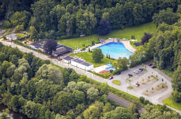 Aerial view, outdoor swimming pool Neheim and bathers on the lawn, Neheim, Arnsberg, Ruhr area, North Rhine-Westphalia, Germany, bathing establishment, bathing resort, DE, Europe, outdoor swimming pool, leisure activities, aerial view, aerial photography, aerial photography, swimming pool, swimming pool, overview, bird's-eye view, overview
