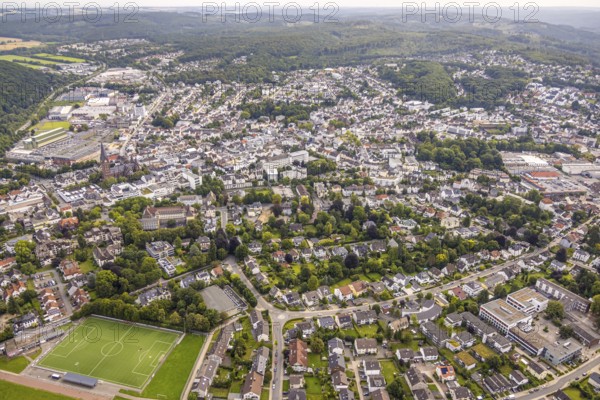 Aerial view, residential area, local view, district Neheim with sports centre Binnerfeld football stadium, Arnsberg, Ruhr area, North Rhine-Westphalia, Germany, DE, Europe, property tax, real estate, aerial view, aerial photography, aerial photography, overview, bird's-eye view, residential complex, living and living, residential area, residential quality, residential quarter, housing estate, residential district, birds-eyes view, overview