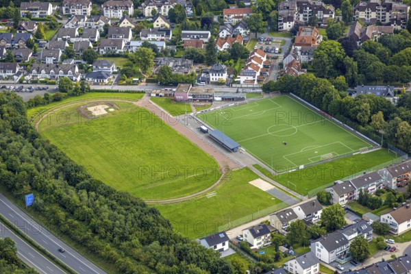 Aerial view, sports centre Binnerfeld, Neheim, Arnsberg, Ruhr area, North Rhine-Westphalia, Germany, DE, Europe, football pitch, football stadium, football club, aerial view, aerial photography, aerial photography, sports, sports facilities, sports field, sports venue, stadium, overview, bird's eye view, bird's eye view, overview