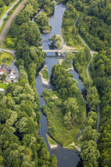Aerial view, river Ruhr and nature island with Schützenbrücke, Neheim, Arnsberg, Ruhr area, North Rhine-Westphalia, Germany, bridge, DE, Europe, river, aerial view, aerial photography, aerial photography, overview, bird's-eye view, forest area, birds-eyes view, overview