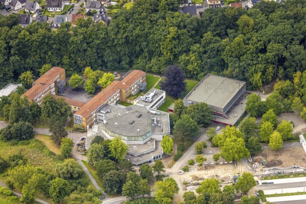 Aerial view, cultural centre Berliner Platz and Franz-Stock-Gymnasium, Hüsten, Arnsberg, Ruhr area, North Rhine-Westphalia, Germany, education, educational institution, DE, Europe, grammar school, educational institute, aerial view, aerial photography, aerial photography, school, overview, bird's-eye view, overview