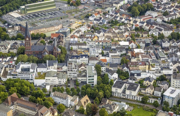 Aerial view, city centre view with cathedral of Neheim St. Johannes-Baptist, Neheim, Arnsberg, Ruhr area, North Rhine-Westphalia, Germany, place of worship, DE, Europe, religious community, place of worship, holy place, church, parish, denomination, aerial view, aerial photography, aerial photography, religion, religious site, overview, bird's-eye view, bird's-eye view, overview