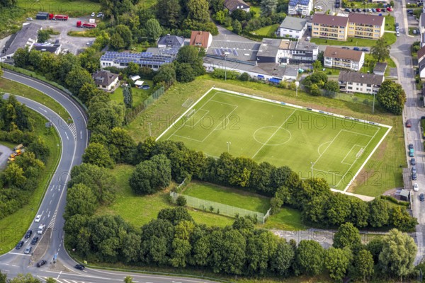 Aerial view, Ruhr-Möhne-Platz football stadium, Neheim, Arnsberg, Ruhr area, North Rhine-Westphalia, Germany, DE, Europe, football pitch, football stadium, football club, aerial view, aerial photography, aerial photography, sports, sports facilities, sports field, sports venue, stadium, overview, bird's-eye view, overview