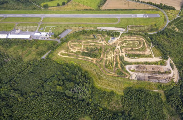 Aerial photo, motocross track MCC Voßwinkel off-road race track, at the airfield, Voßwinkel, Arnsberg, Ruhr area, North Rhine-Westphalia, Germany, DE, Europe, off-road track, aerial photo, aerial photography, aerial photography, motocross, sport, overview, bird's-eye view, overview