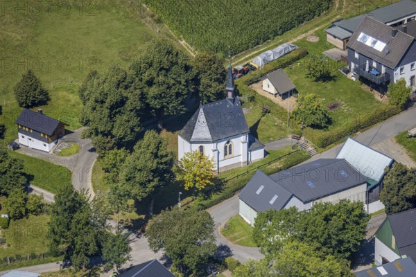 Aerial view, pilgrimage church St. Michael in the district of Sendschotten, Hützemert, Drolshagen, Sauerland, North Rhine-Westphalia, Germany, place of worship, DE, Europe, religious community, place of worship, holy place, church, parish, denomination, aerial view, aerial photography, aerial photography, religion, religious site, Ruhr area, overview, bird's-eye view, birds-eyes view, overview