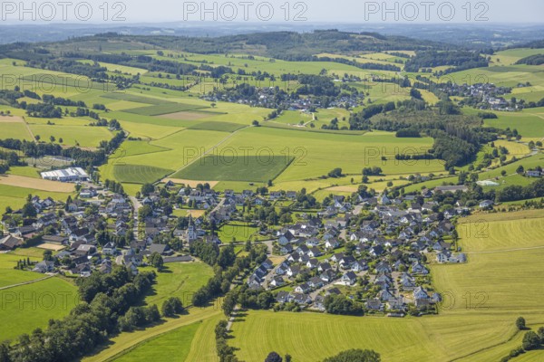 Aerial view, residential area, local view, district Iseringhausen, Drolshagen, Sauerland, North Rhine-Westphalia, Germany, DE, Europe, property tax, real estate, landscape, aerial view, aerial photography, aerial photography, Ruhr area, overview, bird's eye view, forest area, meadows and fields, residential area, living and life, residential area, residential quality, residential neighbourhood, housing estate, residential district, birds-eyes view, overview