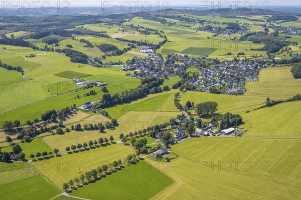 Aerial view, residential area, local view, district Iseringhausen, Drolshagen, Sauerland, North Rhine-Westphalia, Germany, DE, Europe, property tax, real estate, landscape, aerial view, aerial photography, aerial photography, Ruhr area, overview, bird's eye view, forest area, meadows and fields, residential area, living and life, residential area, residential quality, residential neighbourhood, housing estate, residential district, birds-eyes view, overview
