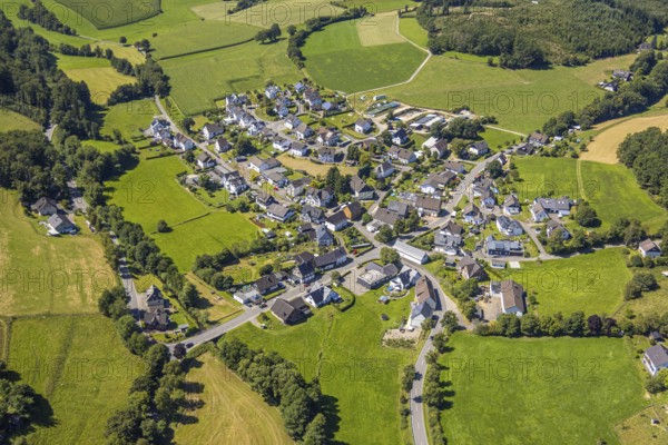 Aerial view, residential area local view district Berlinghausen with church St. Maria vom Berge Karmel in the centre of the village, Brachtpe, Drolshagen, Sauerland, North Rhine-Westphalia, Germany, place of worship, DE, Europe, religious community, place of worship, property tax, holy site, real estate, church, parish, denomination, aerial view, aerial photography, aerial photography, religion, religious site, Ruhr area, overview, bird's eye view, residential area, living and life, residential area, quality of life, residential quarter, housing estate, residential area, bird's eye view, overview