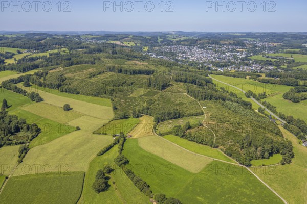 Aerial view, forest area with forest damage Rummelsberg, view to Drolshagen, Sauerland, North Rhine-Westphalia, Germany, DE, Drolshagen, Europe, distant view, aerial view, aerial photography, aerial photography, Ruhr area, overview, bird's-eye view, overview