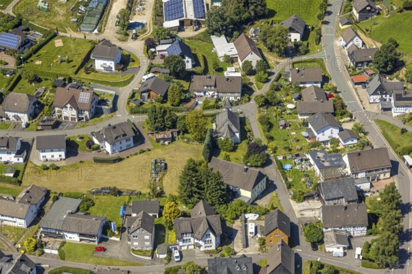 Aerial view, residential area local view district Berlinghausen with church St. Maria vom Berge Karmel in the centre of the village, Brachtpe, Drolshagen, Sauerland, North Rhine-Westphalia, Germany, place of worship, DE, Europe, religious community, place of worship, property tax, holy site, real estate, church, parish, denomination, aerial view, aerial photography, aerial photography, religion, religious site, Ruhr area, overview, bird's eye view, residential area, living and life, residential area, quality of life, residential quarter, housing estate, residential area, bird's eye view, overview