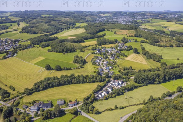 Aerial view, residential area, local view district Eichen in hilly landscape with distant view, Brachtpe, Drolshagen, Sauerland, North Rhine-Westphalia, Germany, DE, Europe, property tax, hilly landscape, real estate, landscape, aerial view, aerial photography, aerial photography, Ruhr area, overview, bird's-eye view, meadows and fields, residential area, living and life, residential area, residential quality, residential neighbourhood, housing estate, residential district, birds-eyes view, overview