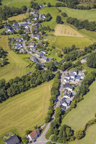 Aerial view, residential area, local view, district of Eichen in hilly landscape, Brachtpe, Drolshagen, Sauerland, North Rhine-Westphalia, Germany, DE, Europe, property tax, hilly landscape, real estate, landscape, aerial view, aerial photography, aerial photography, Ruhr area, overview, bird's-eye view, meadows and fields, residential area, living and living, residential area, quality of life, residential neighbourhood, housing estate, residential area, birds-eyes view, overview