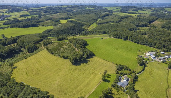 Aerial view, Dirkingen hilly landscape with forest and meadows, Iseringhausen, Drolshagen, Sauerland, North Rhine-Westphalia, Germany, DE, Europe, distant view, green trees, hilly landscape, landscape, aerial photograph, aerial photography, aerial photography, Ruhr area, overview, bird's eye view, forest, wooded area, woodland, meadows and fields, birds-eyes view, green forest, overview