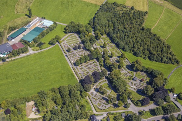 Aerial view, cemetery Drolshagen burial ground, Drolshagen, Sauerland, North Rhine-Westphalia, Germany, burial ground, DE, Europe, cemetery, memorial, Gottesacker, graves, burial ground, aerial photograph, aerial photography, aerial photography, resting place, Ruhr area, overview, bird's-eye view, overview