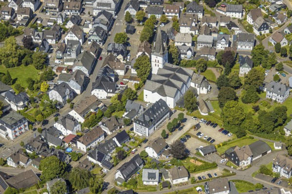 Aerial view, view of the town with St. Clemens Church and Old Monastery Drolshagen, Drolshagen, Sauerland, North Rhine-Westphalia, Germany, place of worship, DE, Europe, religious community, place of worship, property tax, holy place, real estate, church, parish, denomination, aerial view, aerial photography, aerial photography, religion, religious site, Ruhr area, overview, bird's-eye view, residential area, living and life, residential area, quality of life, residential neighbourhood, housing estate, residential area, birds-eyes view, overview