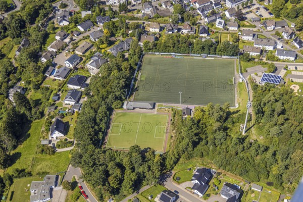 Aerial view, sports facility sports park Am Buscheid with football stadium, Drolshagen, Sauerland, North Rhine-Westphalia, Germany, DE, Europe, football pitch, football stadium, football club, aerial view, aerial photography, aerial photography, Ruhr area, sports, sports facilities, sports field, sports venue, stadium, overview, bird's eye view, birds-eyes view, overview