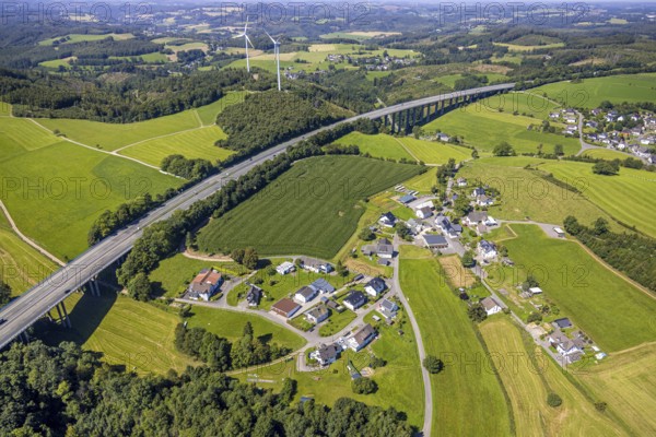 Aerial view, residential area, view of Lüdespert district, A46 motorway and Beustenbach viaduct, Bleche, Drolshagen, Sauerland, North Rhine-Westphalia, Germany, motorway, DE, Europe, property tax, real estate, aerial view, aerial photography, aerial photography, Ruhr area, road traffic, overview, bird's eye view, residential complex, living and life, residential area, quality of life, residential quarter, housing estate, residential district, bird's eye view, overview