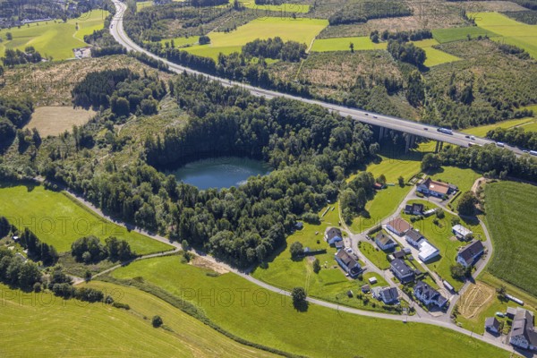 Aerial view, lake in the forest near Lüdespert on the A45 motorway, Bleche, Drolshagen, Sauerland, North Rhine-Westphalia, Germany, DE, Europe, aerial view, aerial photography, aerial photography, Ruhr area, overview, bird's-eye view, bird's-eye view, overview