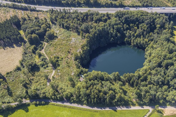 Aerial view, lake in the forest near Lüdespert on the A45 motorway, Bleche, Drolshagen, Sauerland, North Rhine-Westphalia, Germany, DE, Europe, aerial view, aerial photography, aerial photography, Ruhr area, overview, bird's-eye view, bird's-eye view, overview