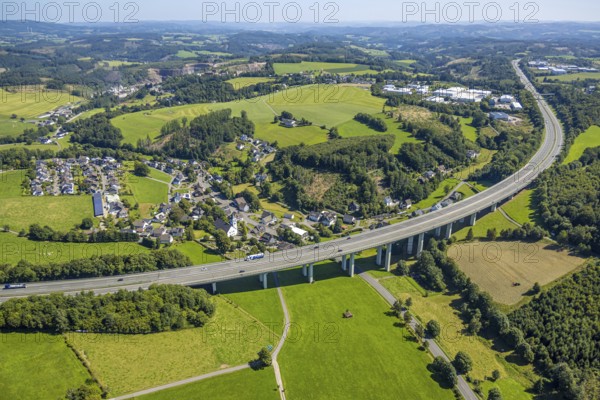 Aerial view, residential area, local view, Schlade district, motorway A45, Scheda, Drolshagen, Sauerland, North Rhine-Westphalia, Germany, DE, Europe, property tax, real estate, aerial view, aerial photography, aerial photography, Ruhr area, road traffic, overview, bird's-eye view, residential complex, living and life, residential area, residential quality, residential quarter, housing estate, residential district, birds-eyes view, overview