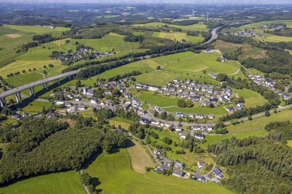 Aerial view, residential area, view of Bleche district with St. Josef church, motorway A45, Scheda, Drolshagen, Sauerland, North Rhine-Westphalia, Germany, DE, Europe, property tax, real estate, aerial view, aerial photography, aerial photography, Ruhr area, road traffic, overview, bird's eye view, residential area, living and life, residential area, quality of life, residential quarter, housing estate, residential district, bird's eye view, overview