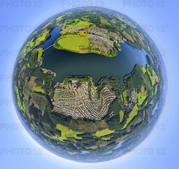 Aerial photo, Listertalsperre and campsites Windebruch with lake view, Eckmann e.K. and Listersee, Camping Gut Kalberschnacke, earth globe, fisheye image, 360 degree image, tiny world, little planet, fisheye image, Windebruch, Meinerzhagen, Ruhr area, North Rhine-Westphalia, Germany, DE, Drolshagen, Europe, fisheye lens, fisheye lens, Little Planet, aerial photography, aerial photography, aerial photography, Sauerland, super wide angle lens, Tiny World, overview, bird's eye view, birds-eyes view, fisheye lens, insta360 camera, overview