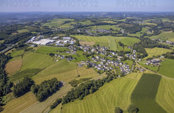 Aerial view, residential area, local view district Scheda in hilly landscape with distant view, motorway A45 and viaduct, Germinghausen, Drolshagen, Sauerland, North Rhine-Westphalia, Germany, DE, Europe, commercial enterprises, commercial area, commercial area, commercial property, business park, commercial location, commercial use, industrial area, industrial location, aerial view, aerial photography, aerial photography, Ruhr area, road traffic, overview, bird's eye view, birds-eyes view, overview