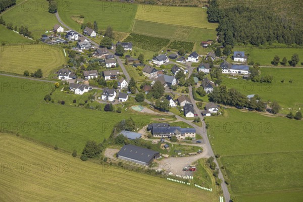 Aerial view, residential area, view of Schreibershof district in hilly landscape, Schreibershof, Drolshagen, Sauerland, North Rhine-Westphalia, Germany, DE, Europe, aerial view, aerial photography, aerial photography, Ruhr area, overview, bird's-eye view, overview